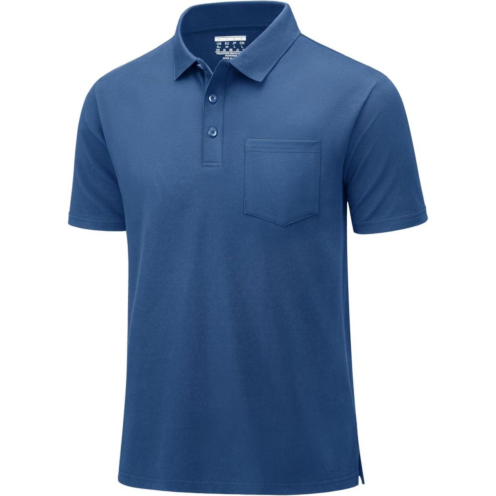 imageMAGCOMSEN Mens Polo Shirts with Pocket Cotton Pique Short Sleeve Collared Shirt Moisture Wicking Golf Shirts 3Button ShirtsGrey Blue