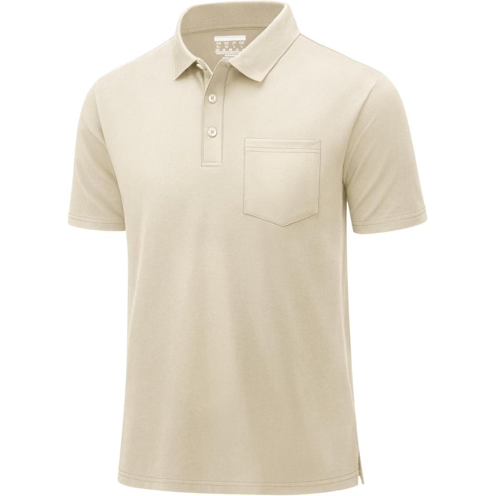 imageMAGCOMSEN Mens Polo Shirts with Pocket Cotton Pique Short Sleeve Collared Shirt Moisture Wicking Golf Shirts 3Button ShirtsKhaki