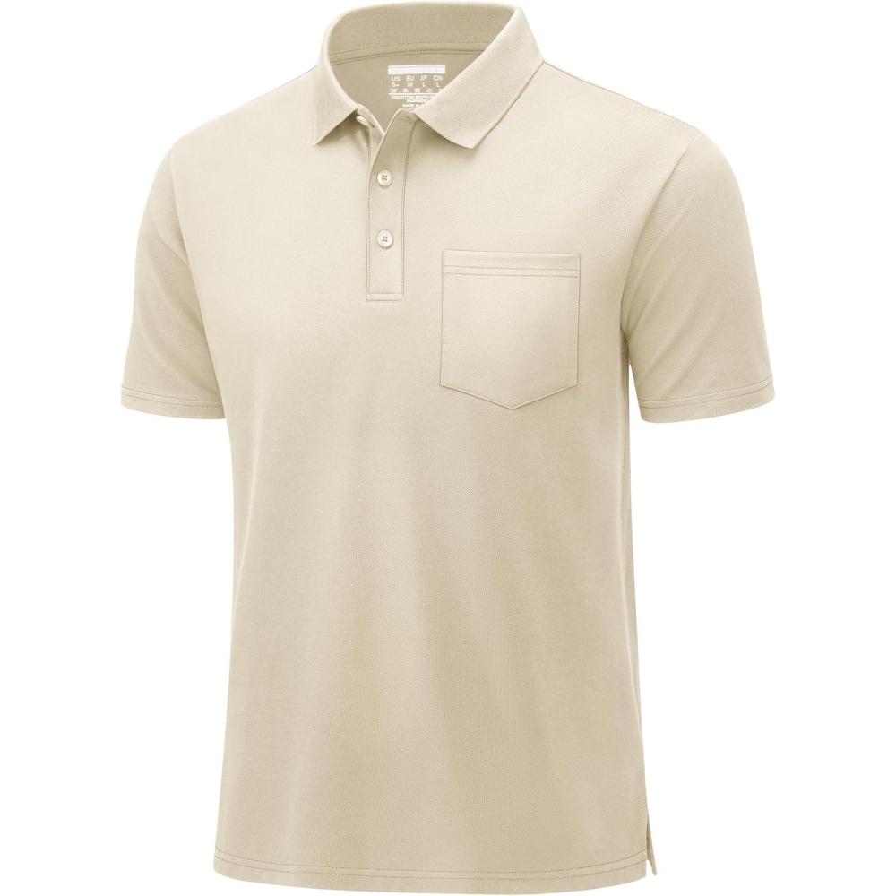 imageMAGCOMSEN Mens Polo Shirts with Pocket Cotton Pique Short Sleeve Collared Shirt Moisture Wicking Golf Shirts 3Button ShirtsLight Apricot