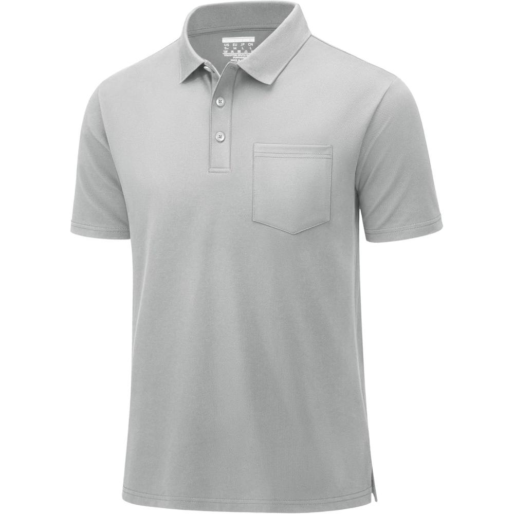 imageMAGCOMSEN Mens Polo Shirts with Pocket Cotton Pique Short Sleeve Collared Shirt Moisture Wicking Golf Shirts 3Button ShirtsLight Grey
