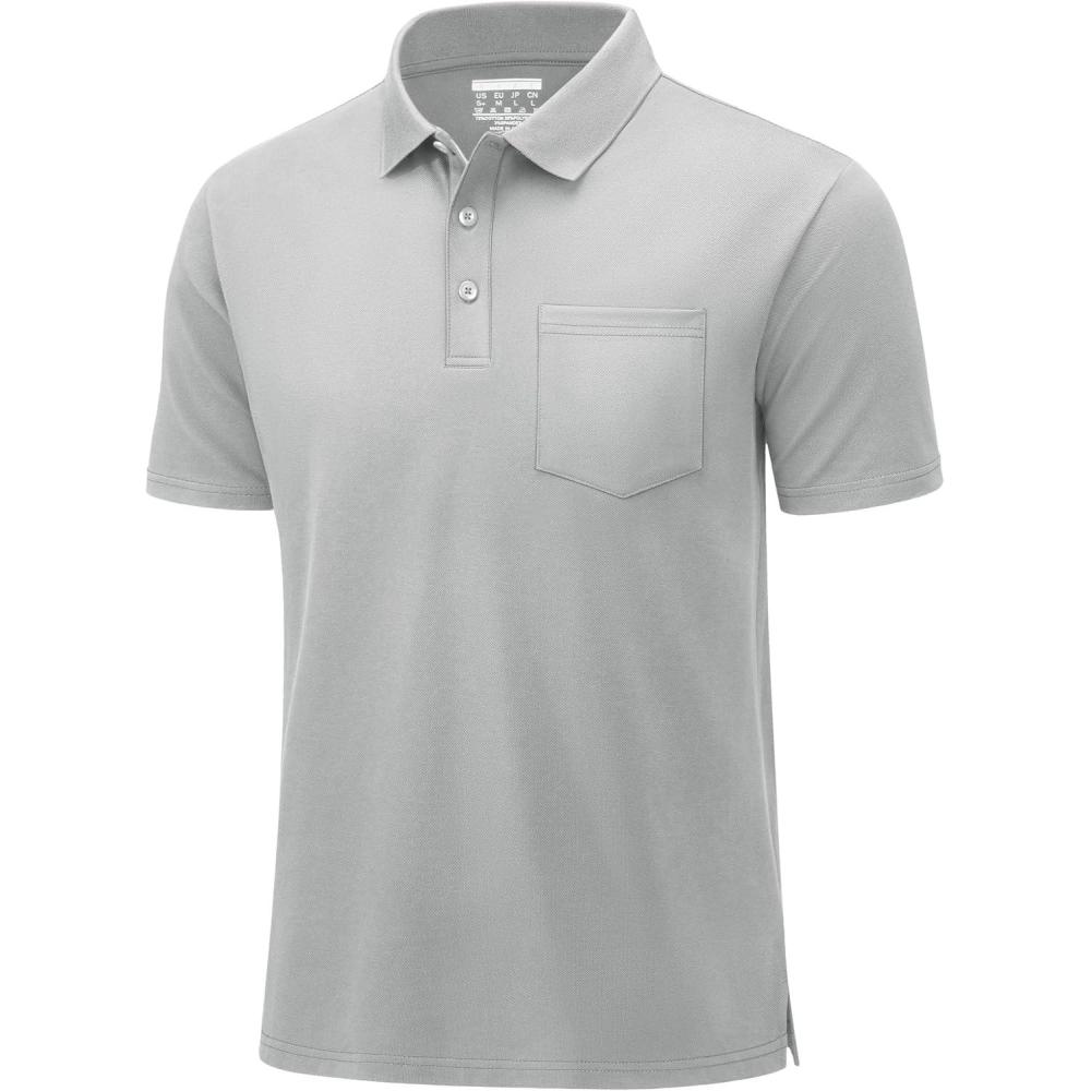 imageMAGCOMSEN Mens Polo Shirts with Pocket Cotton Pique Short Sleeve Collared Shirt Moisture Wicking Golf Shirts 3Button ShirtsLite Gray