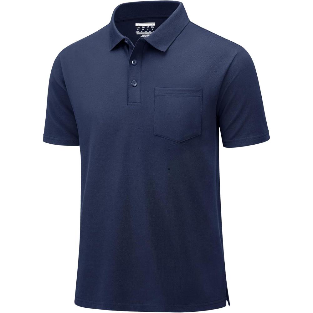 imageMAGCOMSEN Mens Polo Shirts with Pocket Cotton Pique Short Sleeve Collared Shirt Moisture Wicking Golf Shirts 3Button ShirtsNavy