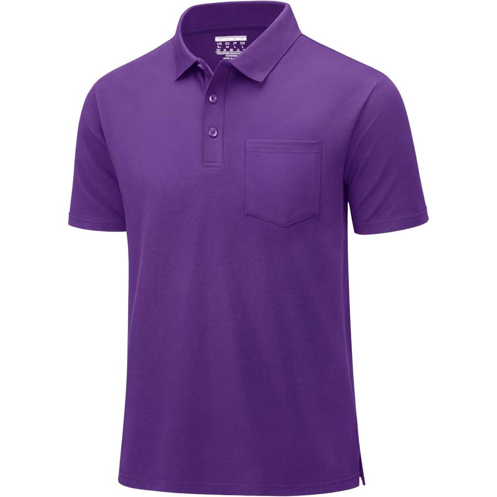 imageMAGCOMSEN Mens Polo Shirts with Pocket Cotton Pique Short Sleeve Collared Shirt Moisture Wicking Golf Shirts 3Button ShirtsPurple