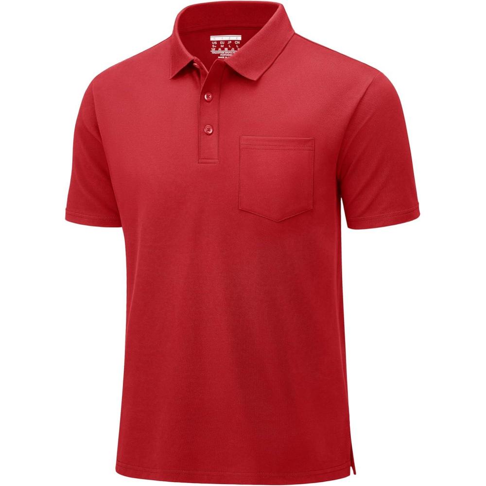 imageMAGCOMSEN Mens Polo Shirts with Pocket Cotton Pique Short Sleeve Collared Shirt Moisture Wicking Golf Shirts 3Button ShirtsRed