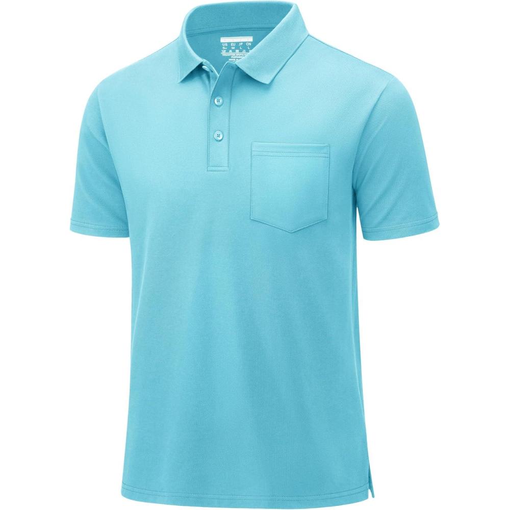 imageMAGCOMSEN Mens Polo Shirts with Pocket Cotton Pique Short Sleeve Collared Shirt Moisture Wicking Golf Shirts 3Button ShirtsSky Blue