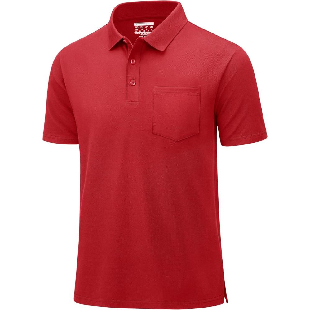 imageMAGCOMSEN Mens Polo Shirts with Pocket Cotton Pique Short Sleeve Collared Shirt Moisture Wicking Golf Shirts 3Button ShirtsTomato Red