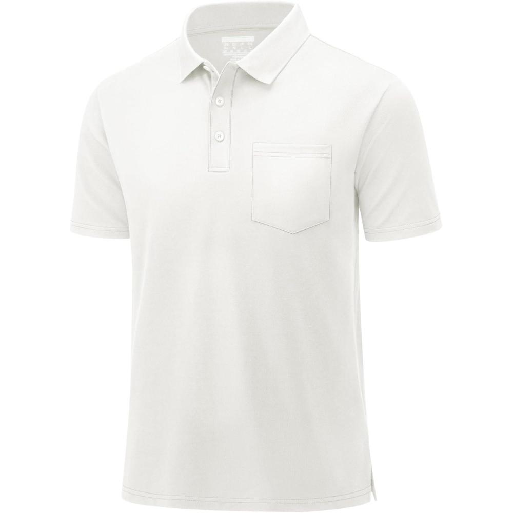 imageMAGCOMSEN Mens Polo Shirts with Pocket Cotton Pique Short Sleeve Collared Shirt Moisture Wicking Golf Shirts 3Button ShirtsWhite