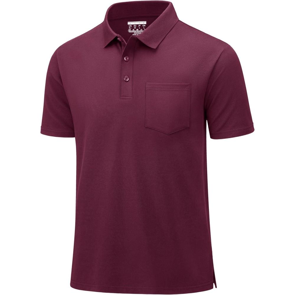 imageMAGCOMSEN Mens Polo Shirts with Pocket Cotton Pique Short Sleeve Collared Shirt Moisture Wicking Golf Shirts 3Button ShirtsWine Red