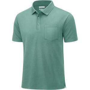 imageMAGCOMSEN Mens Polo Shirts with Pocket Cotton Pique Short Sleeve Collared Shirt Moisture Wicking Golf Shirts 3Button ShirtsGray Green