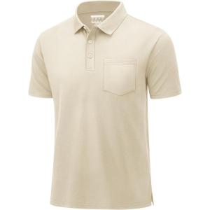 imageMAGCOMSEN Mens Polo Shirts with Pocket Cotton Pique Short Sleeve Collared Shirt Moisture Wicking Golf Shirts 3Button ShirtsLight Apricot