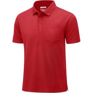 imageMAGCOMSEN Mens Polo Shirts with Pocket Cotton Pique Short Sleeve Collared Shirt Moisture Wicking Golf Shirts 3Button ShirtsRed