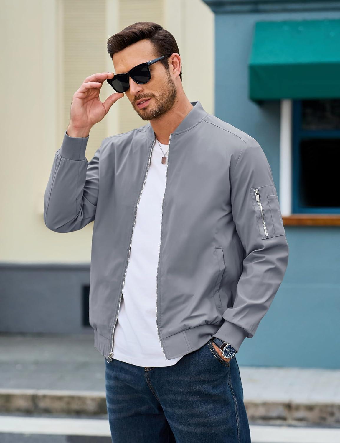imageMAGCOMSEN Mens Bomber Jacket Lightweight Casual Windbreaker Spring Fall Zip Up Coat with 5 Pocket01 Light Grey
