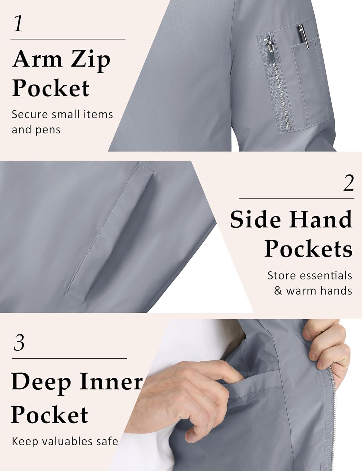 imageMAGCOMSEN Mens Bomber Jacket Lightweight Casual Windbreaker Spring Fall Zip Up Coat with 5 Pocket01 Light Grey