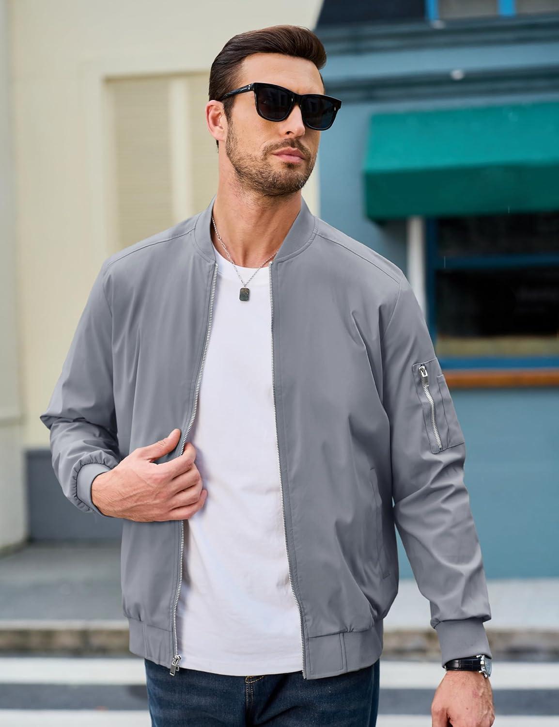 imageMAGCOMSEN Mens Bomber Jacket Lightweight Casual Windbreaker Spring Fall Zip Up Coat with 5 Pocket01 Light Grey