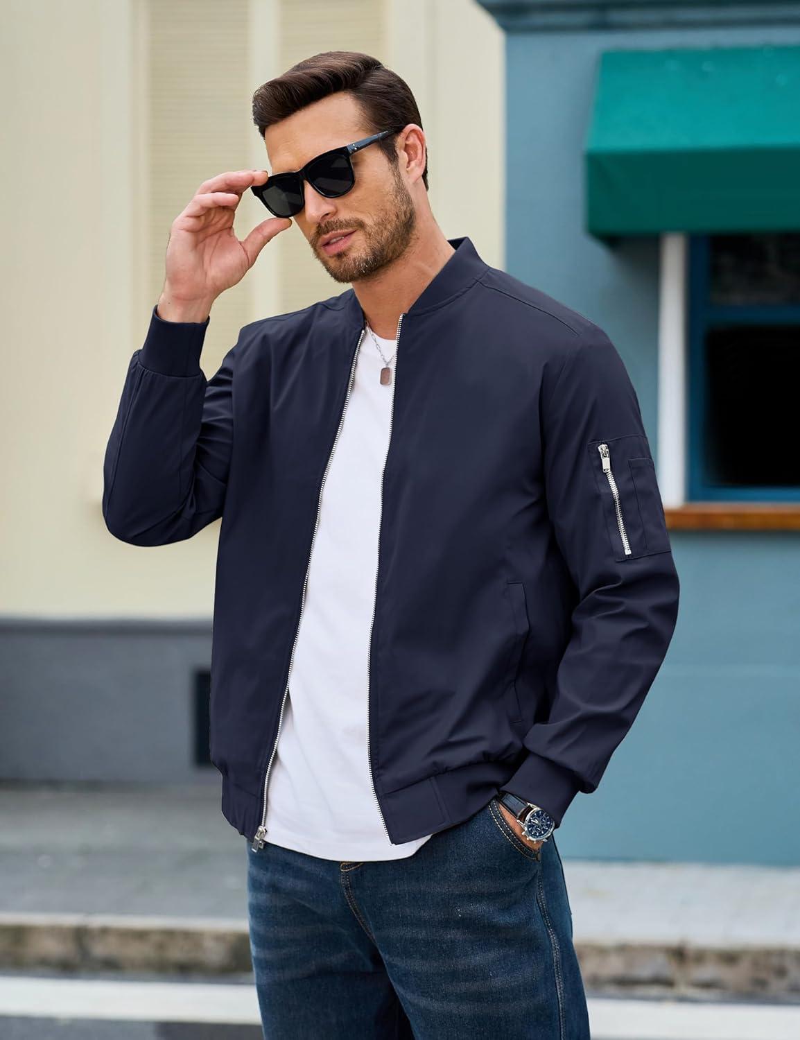 imageMAGCOMSEN Mens Bomber Jacket Lightweight Casual Windbreaker Spring Fall Zip Up Coat with 5 Pocket01 Navy