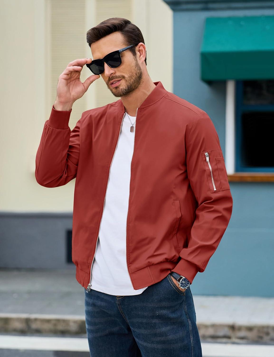 imageMAGCOMSEN Mens Bomber Jacket Lightweight Casual Windbreaker Spring Fall Zip Up Coat with 5 Pocket01 Orange Red