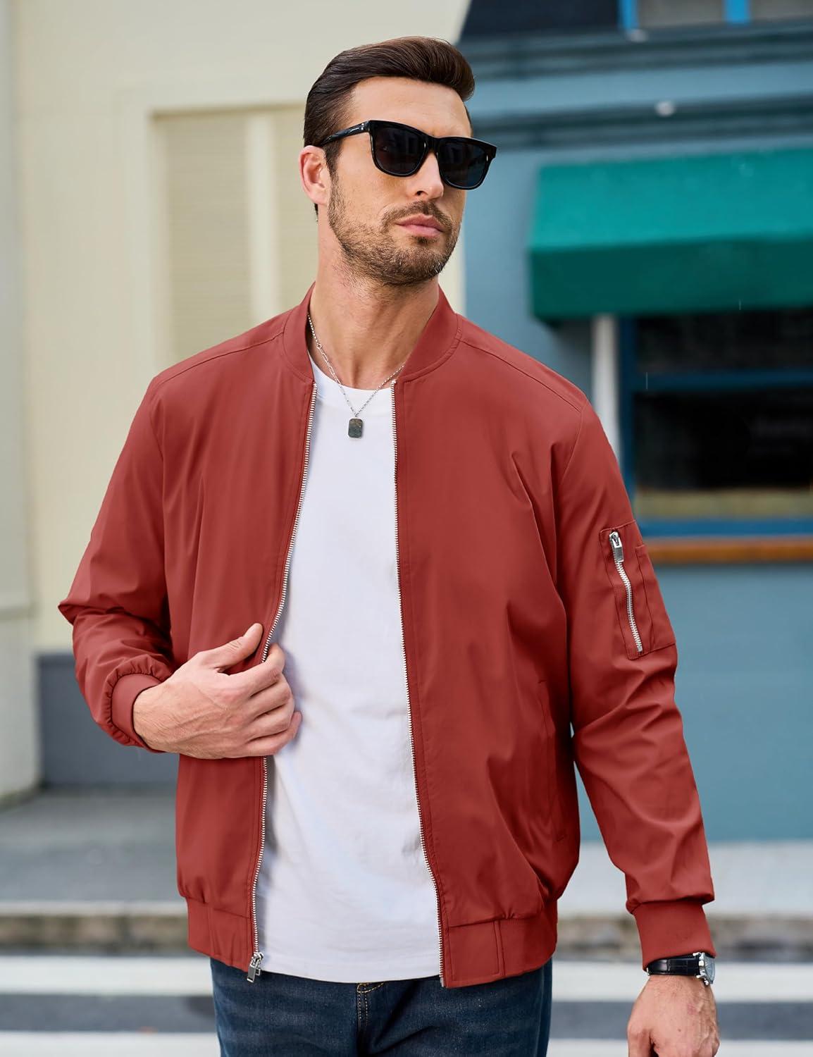imageMAGCOMSEN Mens Bomber Jacket Lightweight Casual Windbreaker Spring Fall Zip Up Coat with 5 Pocket01 Orange Red