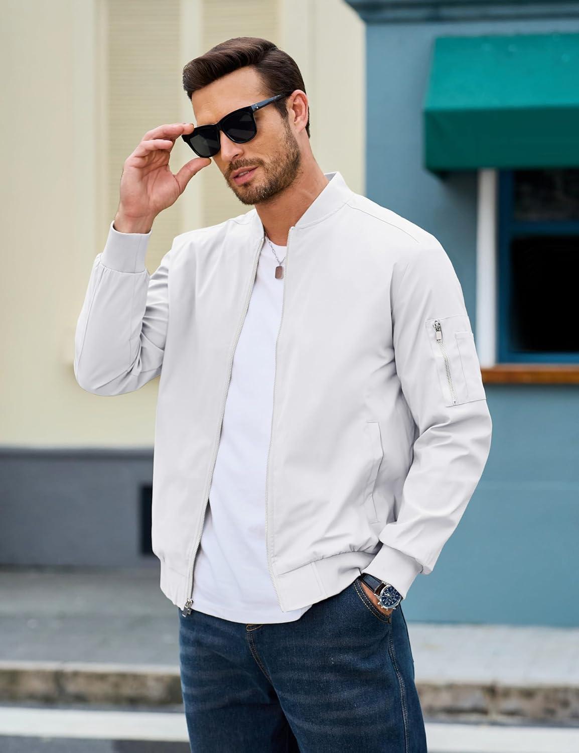 imageMAGCOMSEN Mens Bomber Jacket Lightweight Casual Windbreaker Spring Fall Zip Up Coat with 5 Pocket01 White