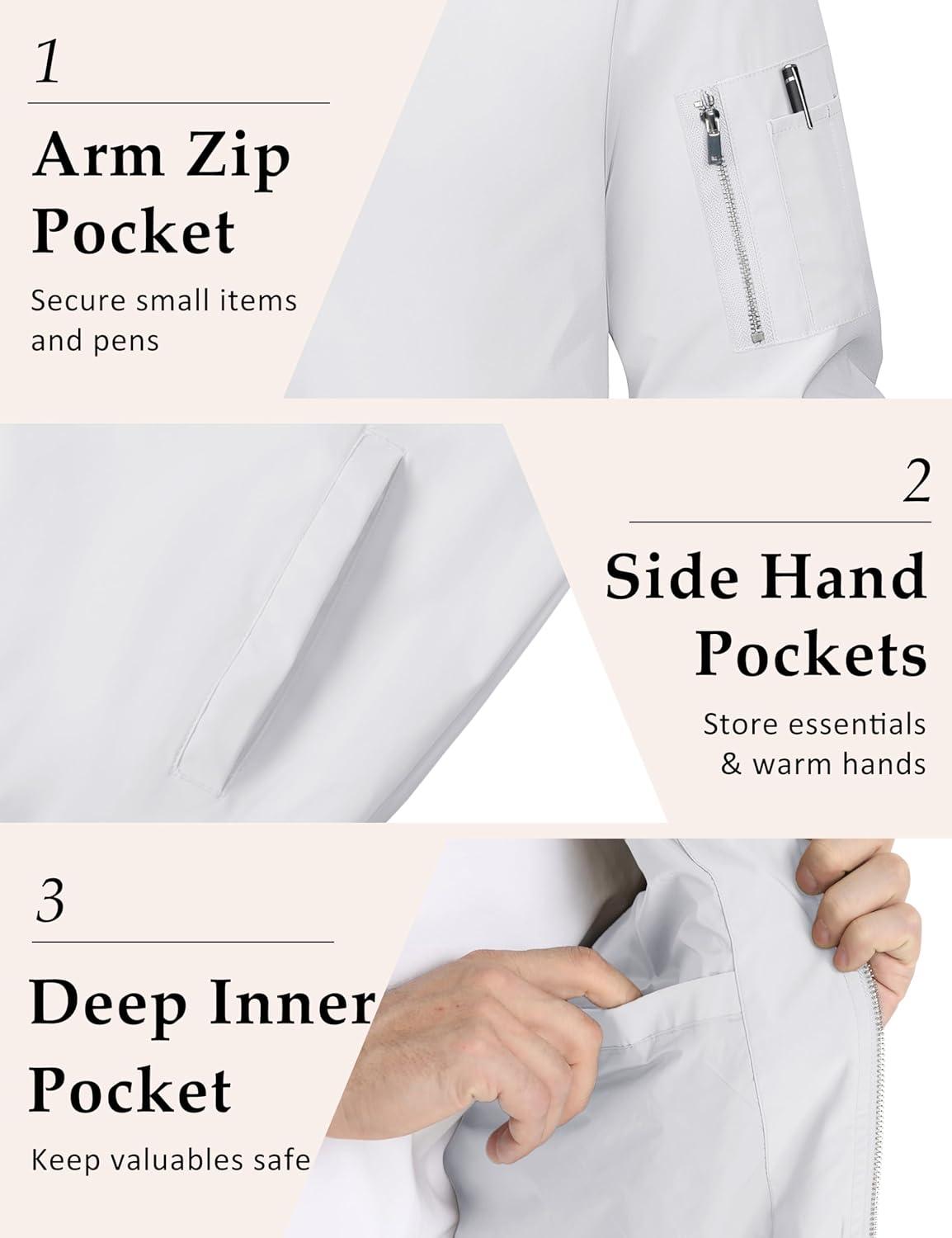 imageMAGCOMSEN Mens Bomber Jacket Lightweight Casual Windbreaker Spring Fall Zip Up Coat with 5 Pocket01 White