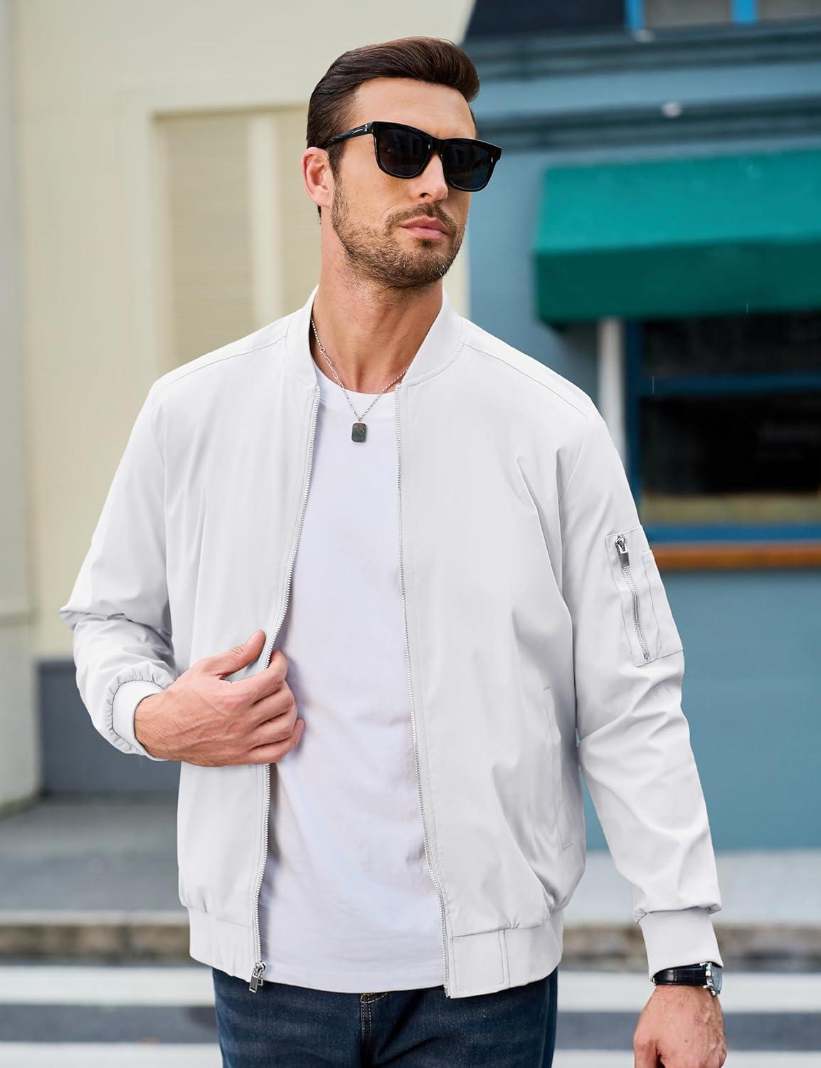 imageMAGCOMSEN Mens Bomber Jacket Lightweight Casual Windbreaker Spring Fall Zip Up Coat with 5 Pocket01 White