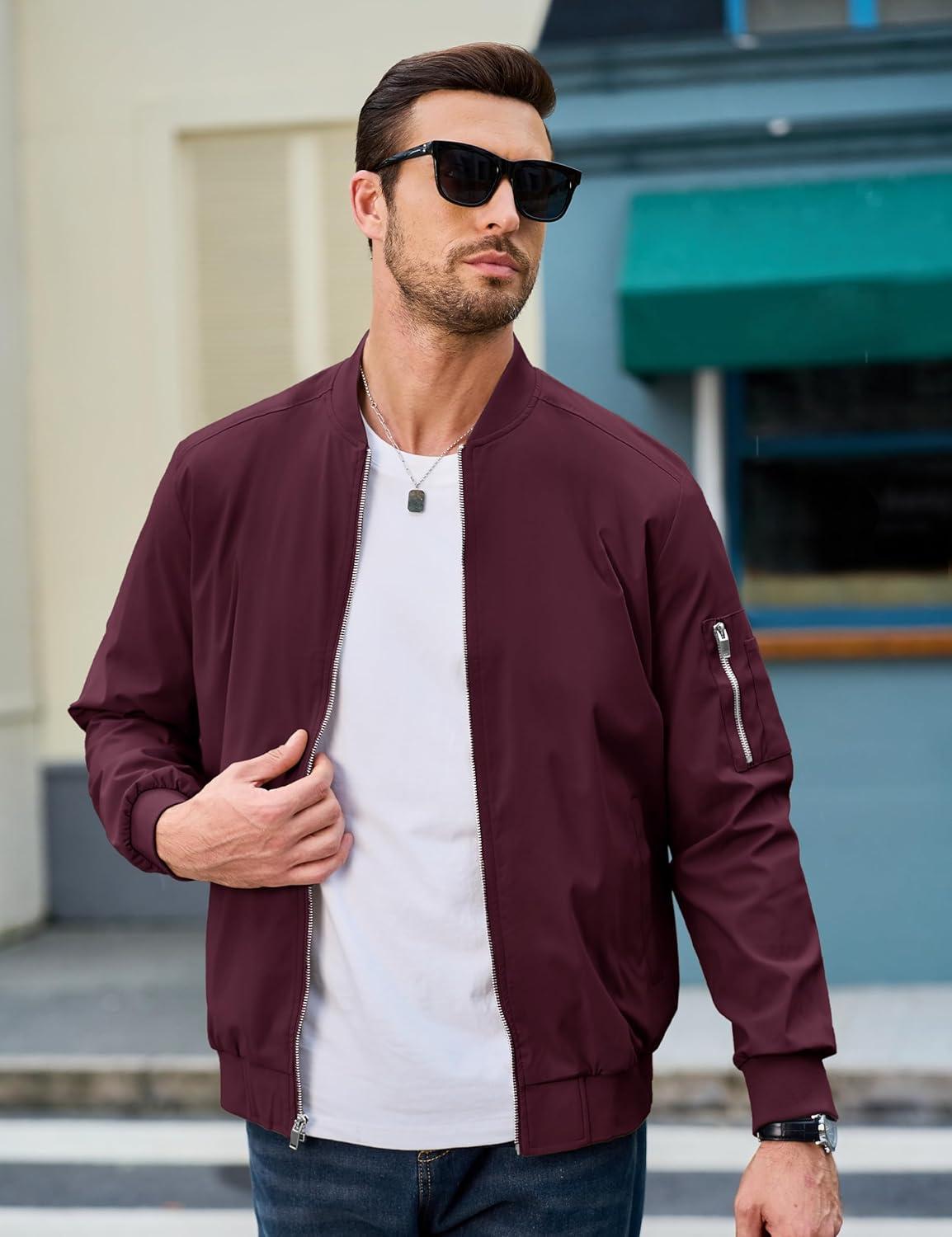 imageMAGCOMSEN Mens Bomber Jacket Lightweight Casual Windbreaker Spring Fall Zip Up Coat with 5 Pocket01 Wine Red