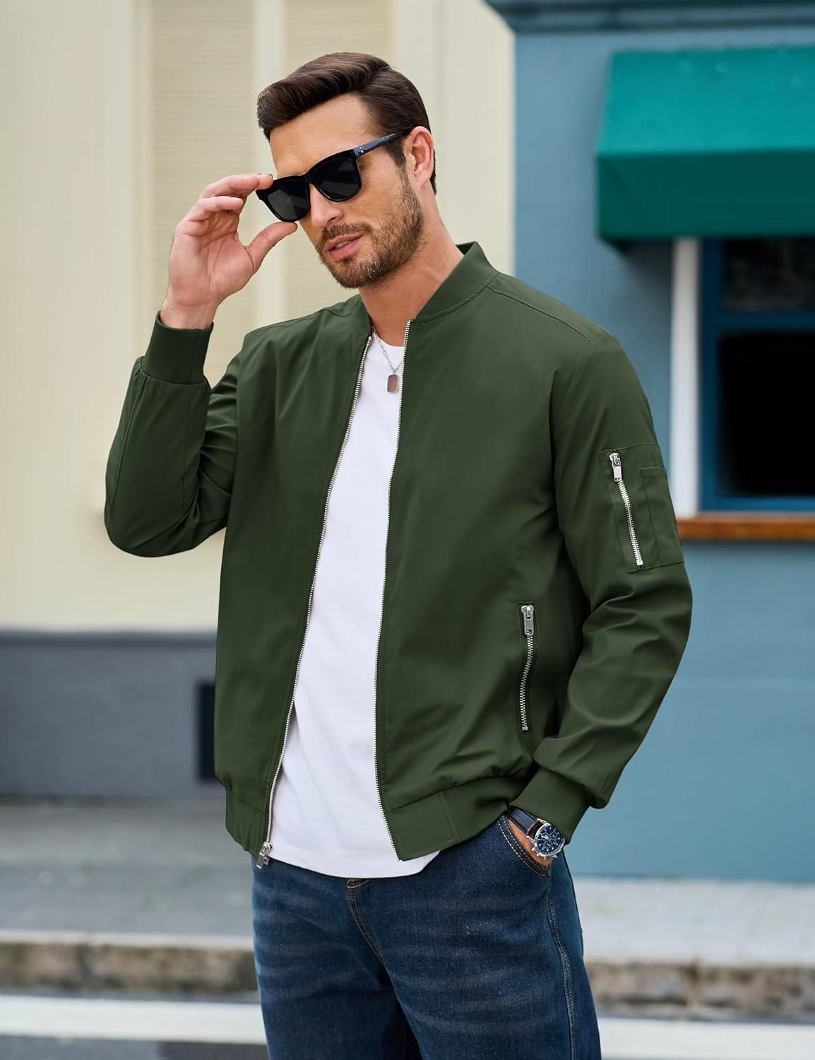 imageMAGCOMSEN Mens Bomber Jacket Lightweight Casual Windbreaker Spring Fall Zip Up Coat with 5 Pocket02 Army Green