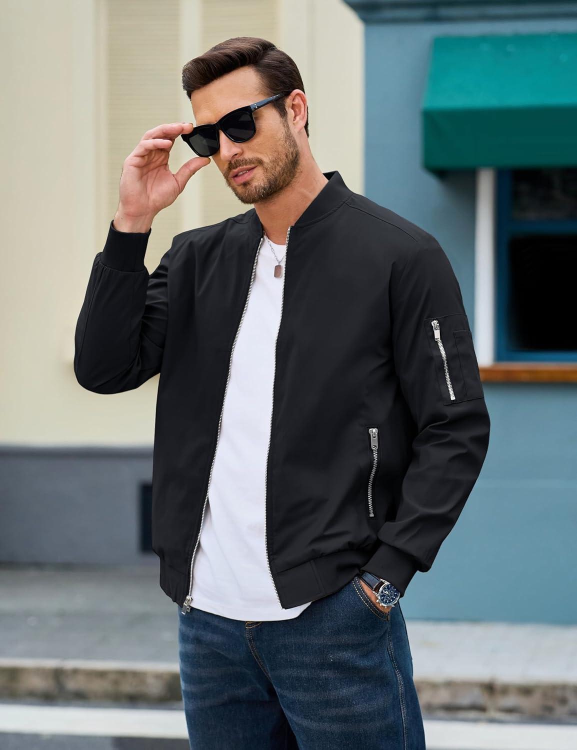 imageMAGCOMSEN Mens Bomber Jacket Lightweight Casual Windbreaker Spring Fall Zip Up Coat with 5 Pocket02 Black