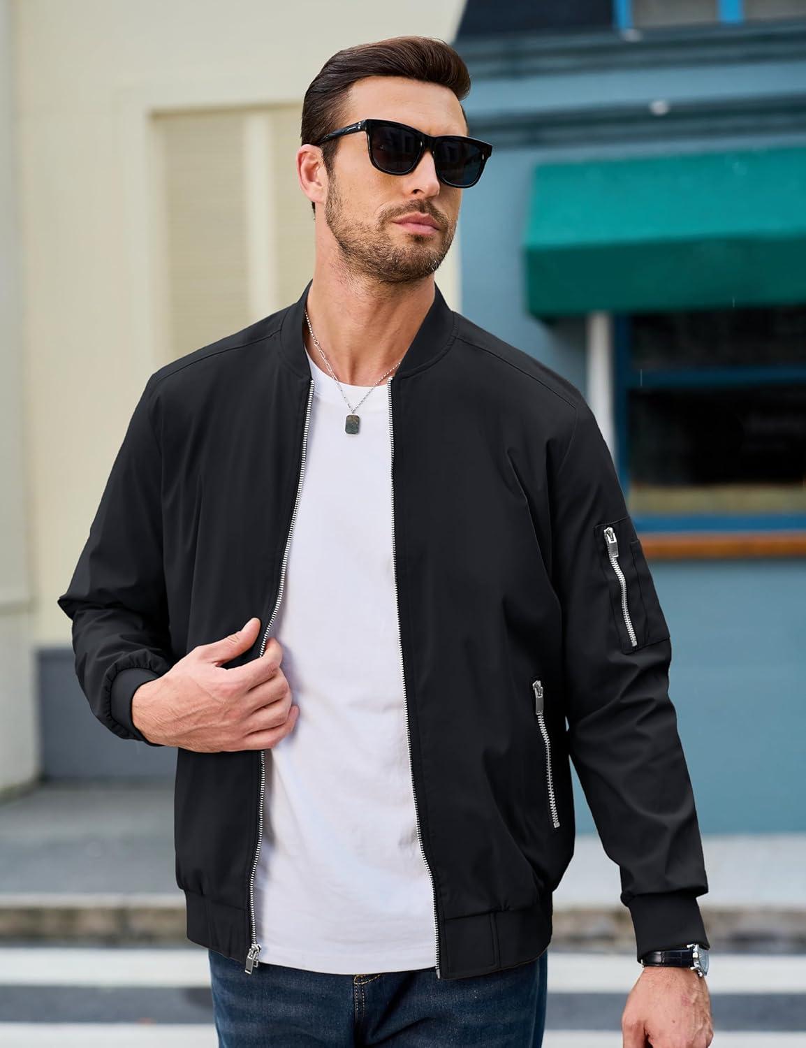 imageMAGCOMSEN Mens Bomber Jacket Lightweight Casual Windbreaker Spring Fall Zip Up Coat with 5 Pocket02 Black