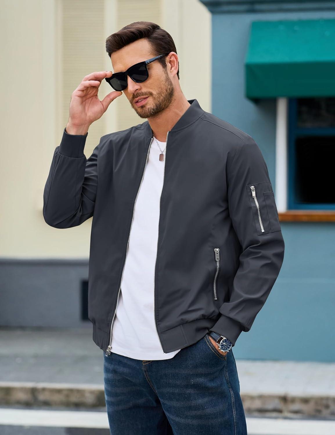 imageMAGCOMSEN Mens Bomber Jacket Lightweight Casual Windbreaker Spring Fall Zip Up Coat with 5 Pocket02 Dark Grey