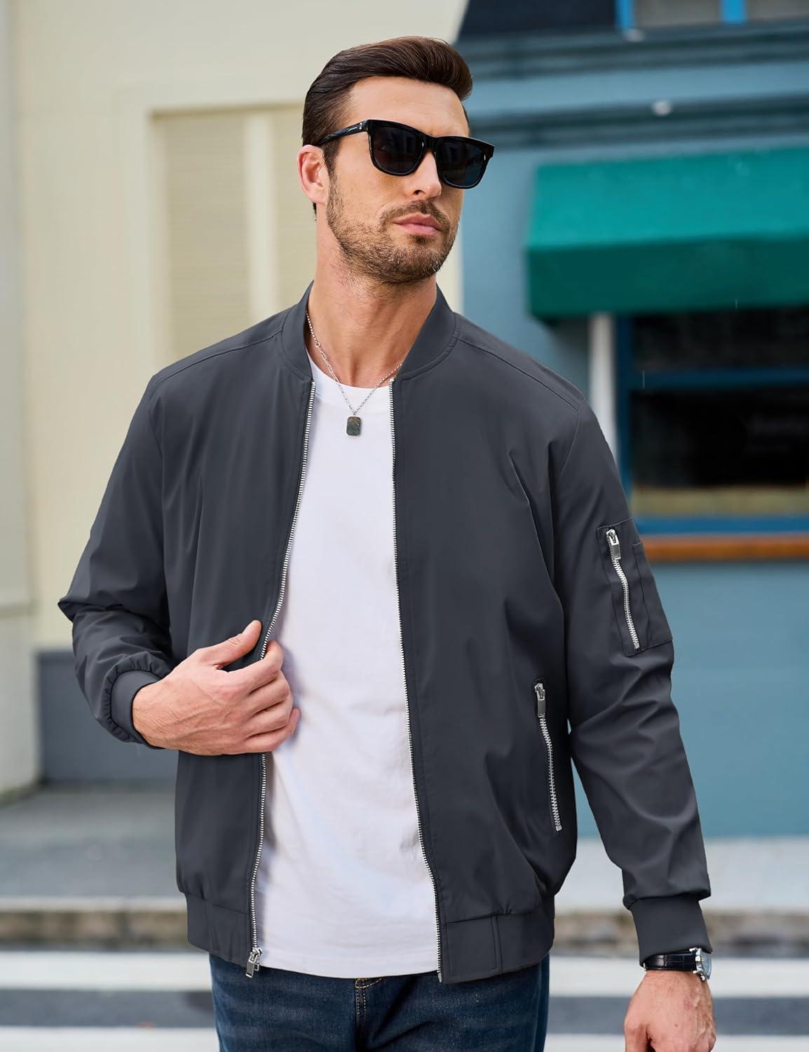 imageMAGCOMSEN Mens Bomber Jacket Lightweight Casual Windbreaker Spring Fall Zip Up Coat with 5 Pocket02 Dark Grey