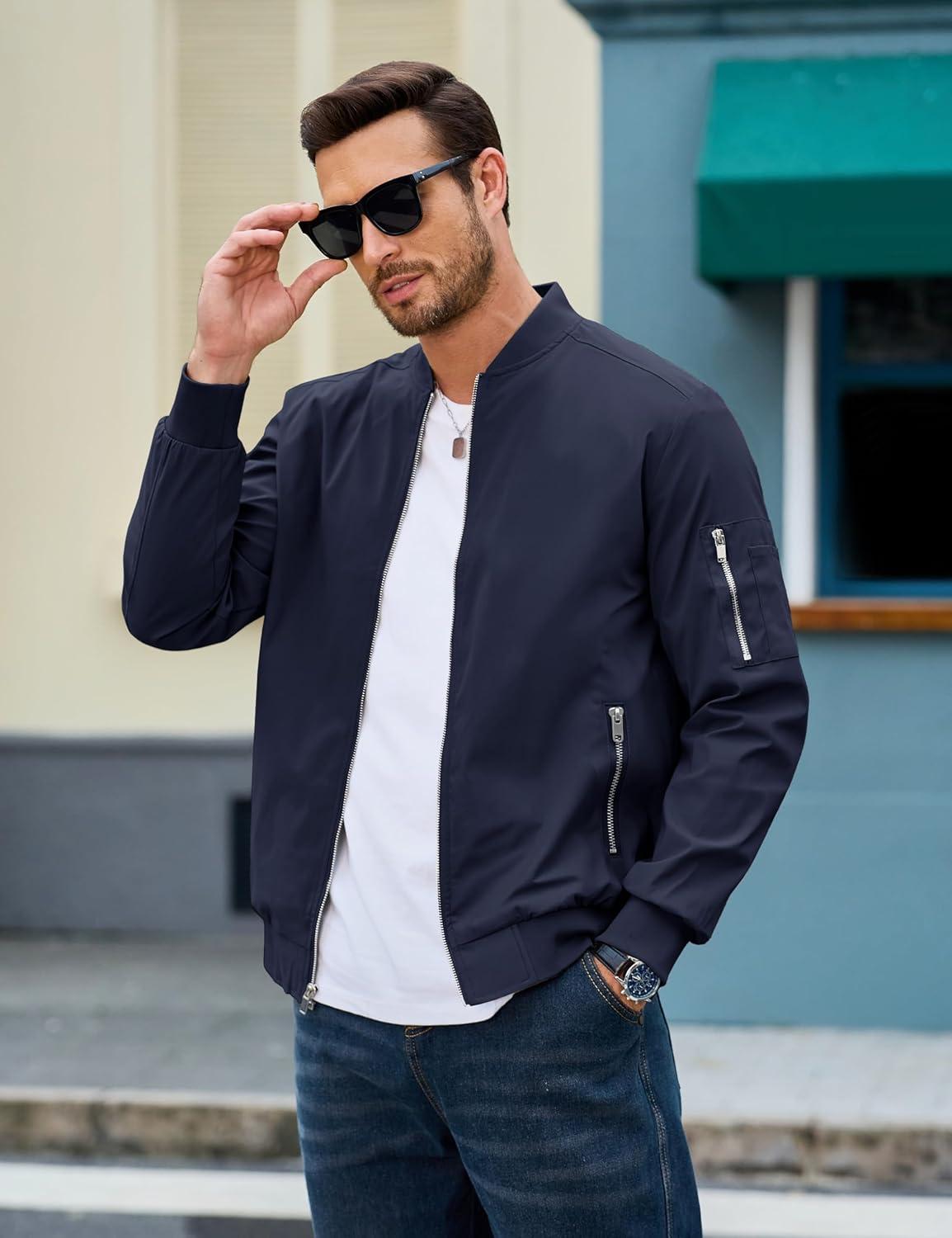 imageMAGCOMSEN Mens Bomber Jacket Lightweight Casual Windbreaker Spring Fall Zip Up Coat with 5 Pocket02 Navy
