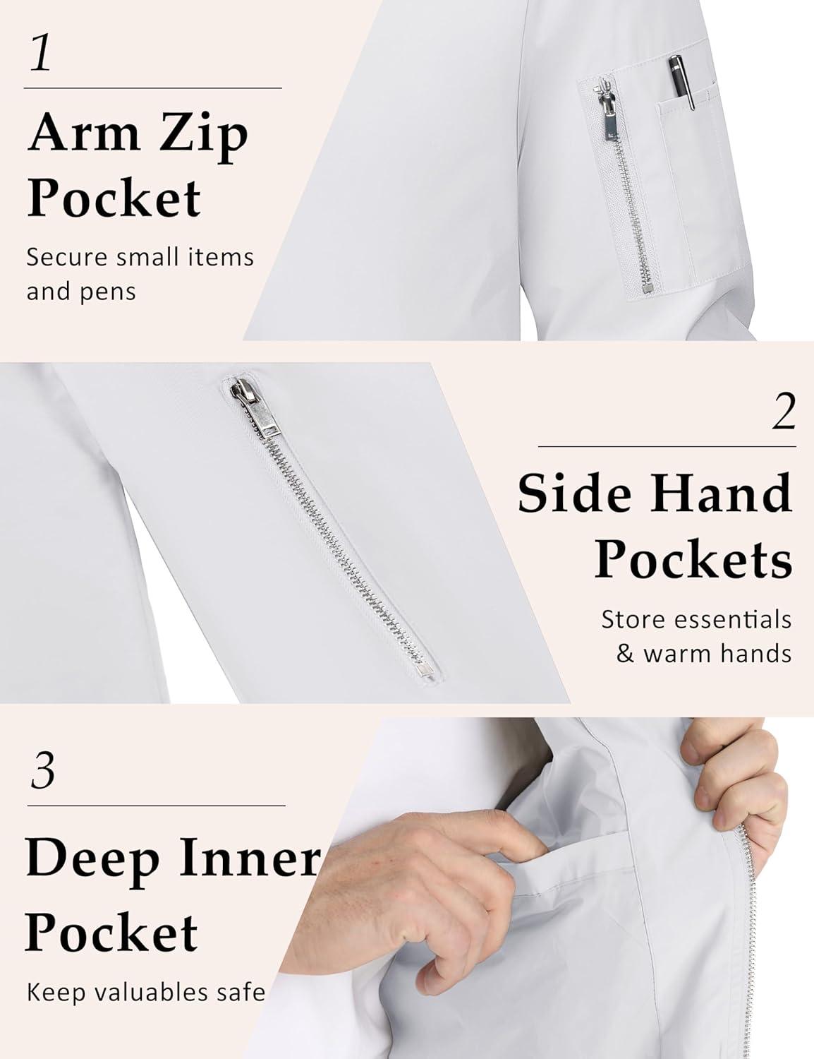 imageMAGCOMSEN Mens Bomber Jacket Lightweight Casual Windbreaker Spring Fall Zip Up Coat with 5 Pocket02 White