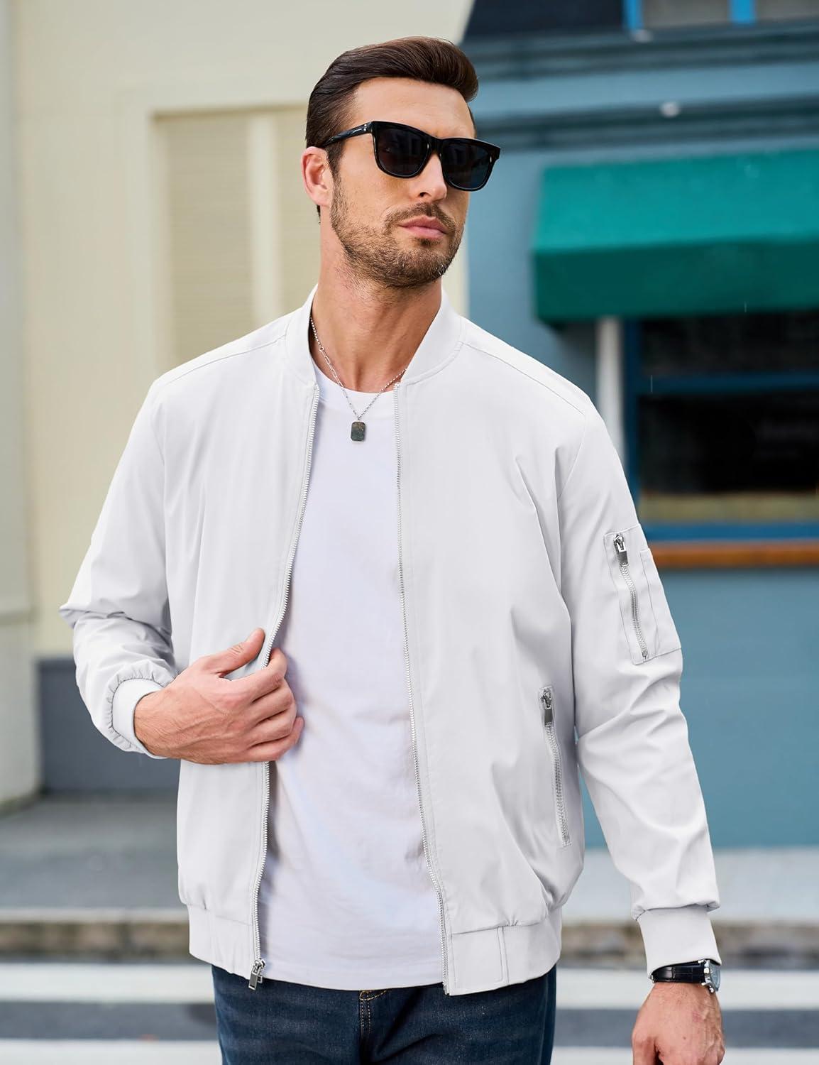 imageMAGCOMSEN Mens Bomber Jacket Lightweight Casual Windbreaker Spring Fall Zip Up Coat with 5 Pocket02 White