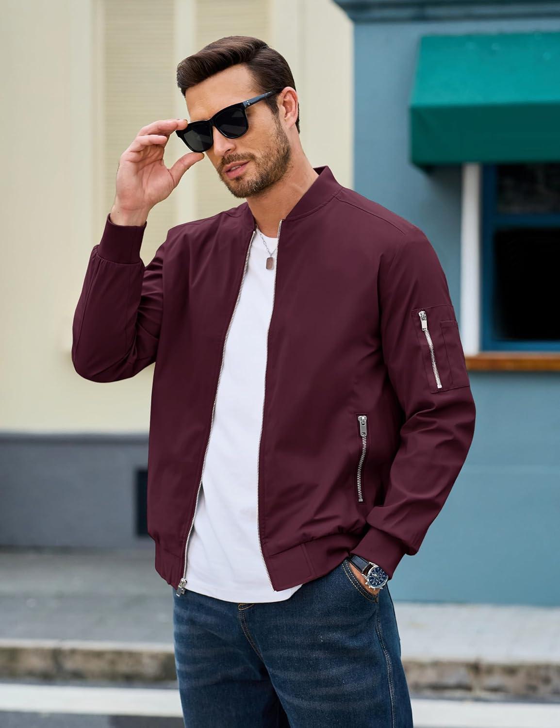 imageMAGCOMSEN Mens Bomber Jacket Lightweight Casual Windbreaker Spring Fall Zip Up Coat with 5 Pocket02 Wine Red
