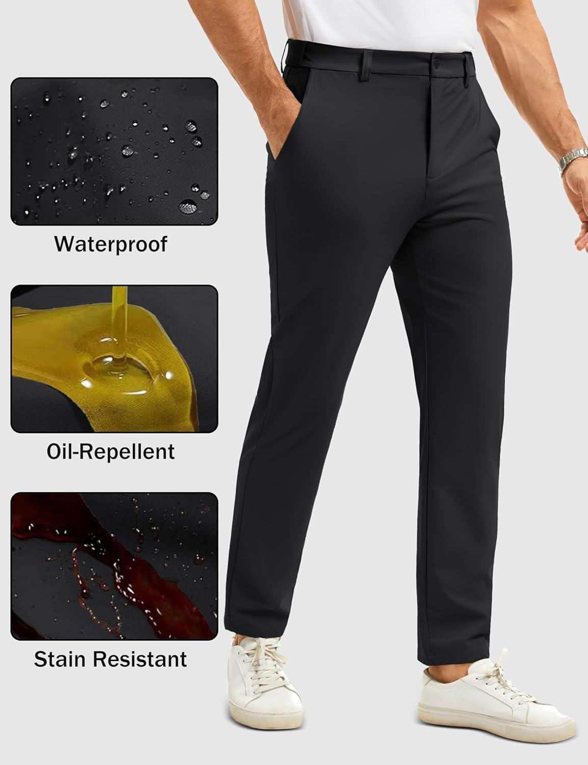 imageMAGCOMSEN Mens Casual Pants Straight Legs Flat Front Pants Waterproof Stretch Waist Trousers for GolfBlack