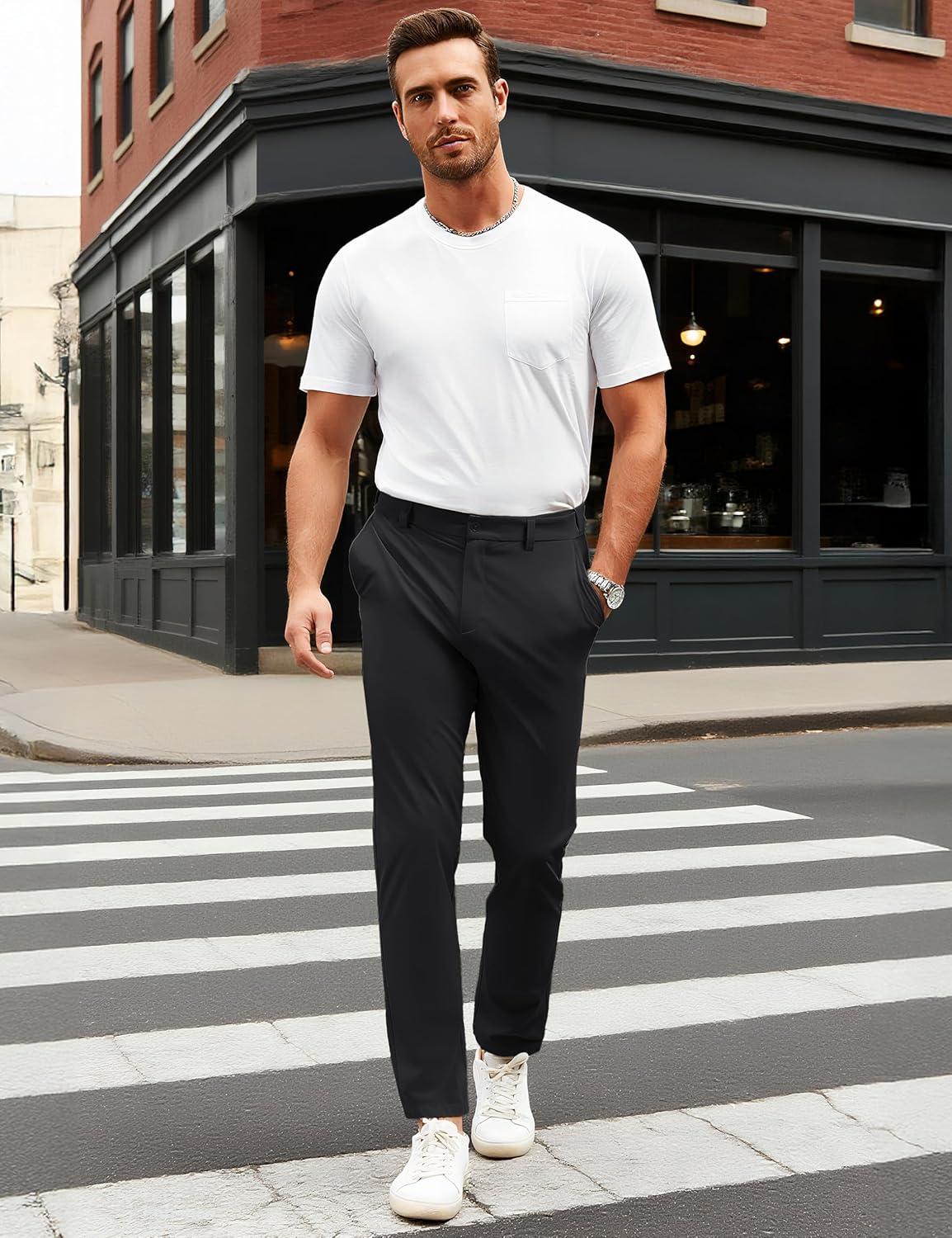 imageMAGCOMSEN Mens Casual Pants Straight Legs Flat Front Pants Waterproof Stretch Waist Trousers for GolfBlack