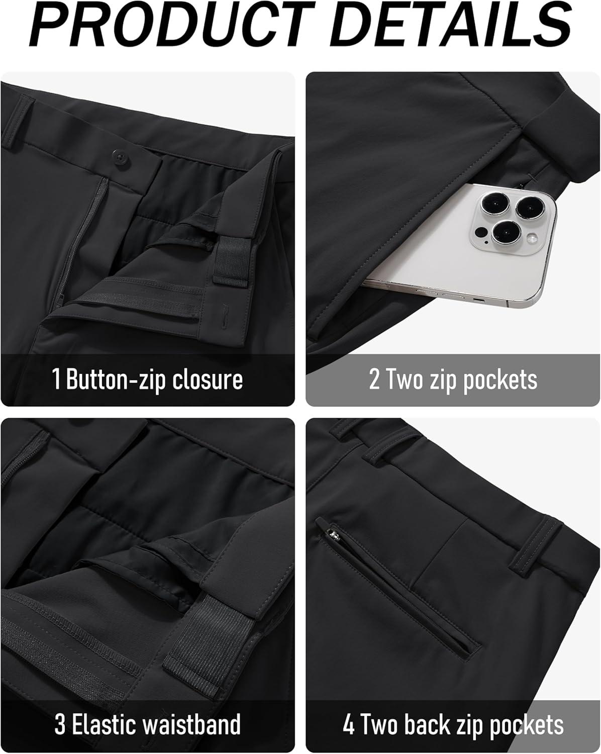 imageMAGCOMSEN Mens Casual Pants Straight Legs Flat Front Pants Waterproof Stretch Waist Trousers for GolfBlack