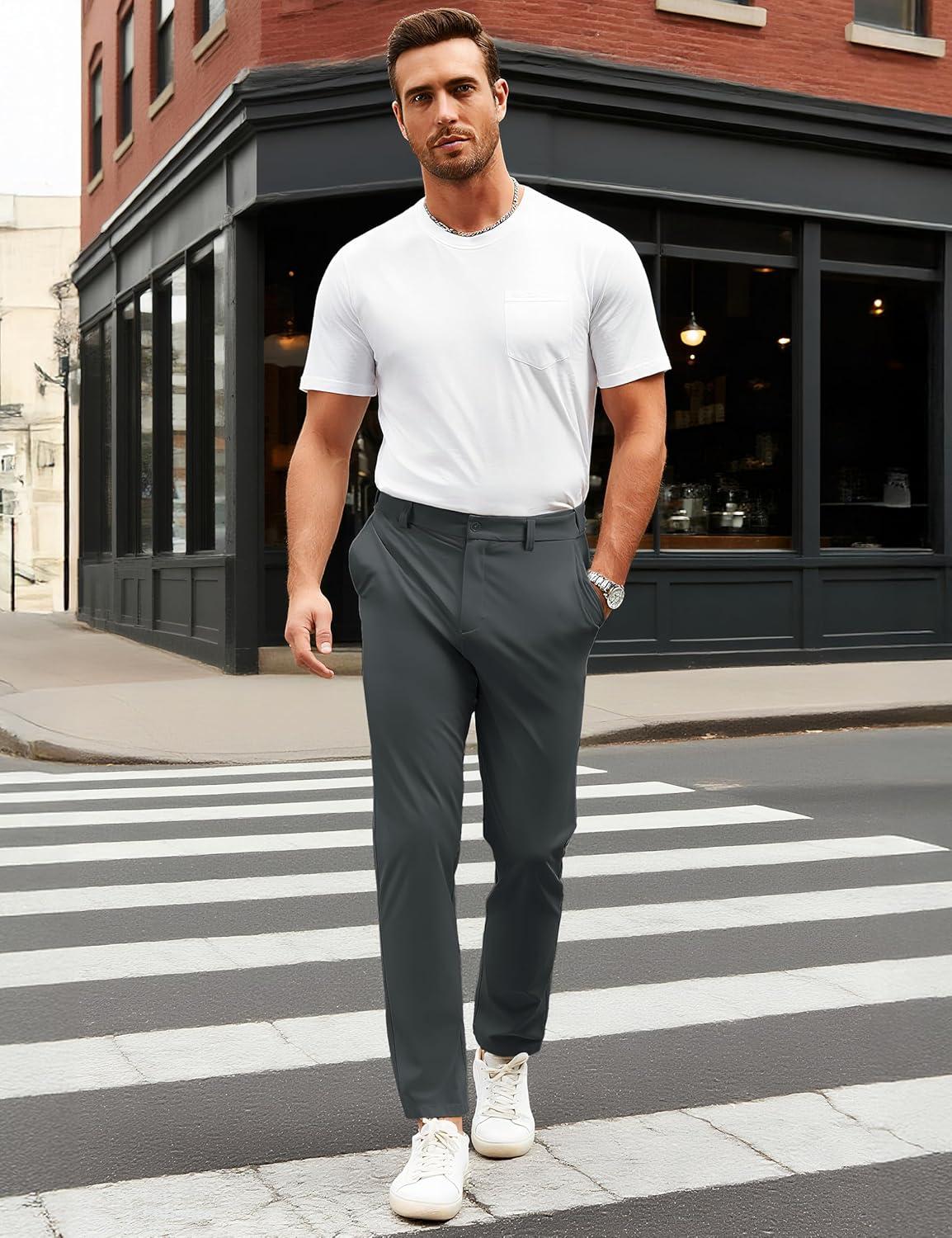 imageMAGCOMSEN Mens Casual Pants Straight Legs Flat Front Pants Waterproof Stretch Waist Trousers for GolfDark Grey