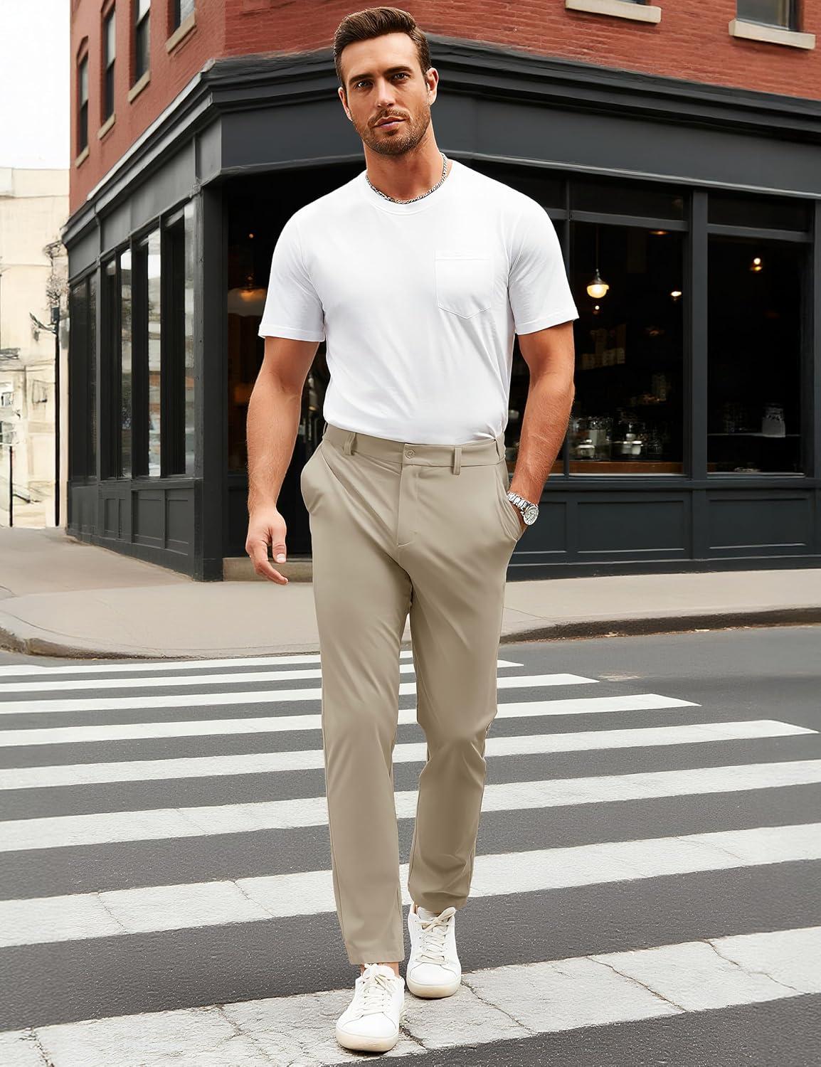 imageMAGCOMSEN Mens Casual Pants Straight Legs Flat Front Pants Waterproof Stretch Waist Trousers for GolfKhaki Gray