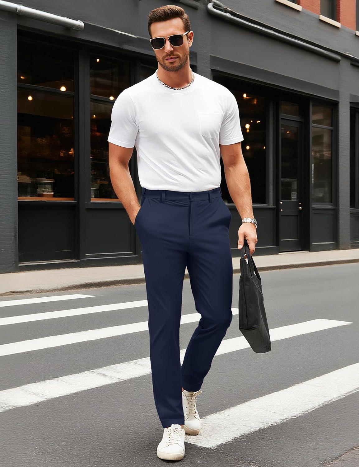 imageMAGCOMSEN Mens Casual Pants Straight Legs Flat Front Pants Waterproof Stretch Waist Trousers for GolfNavy