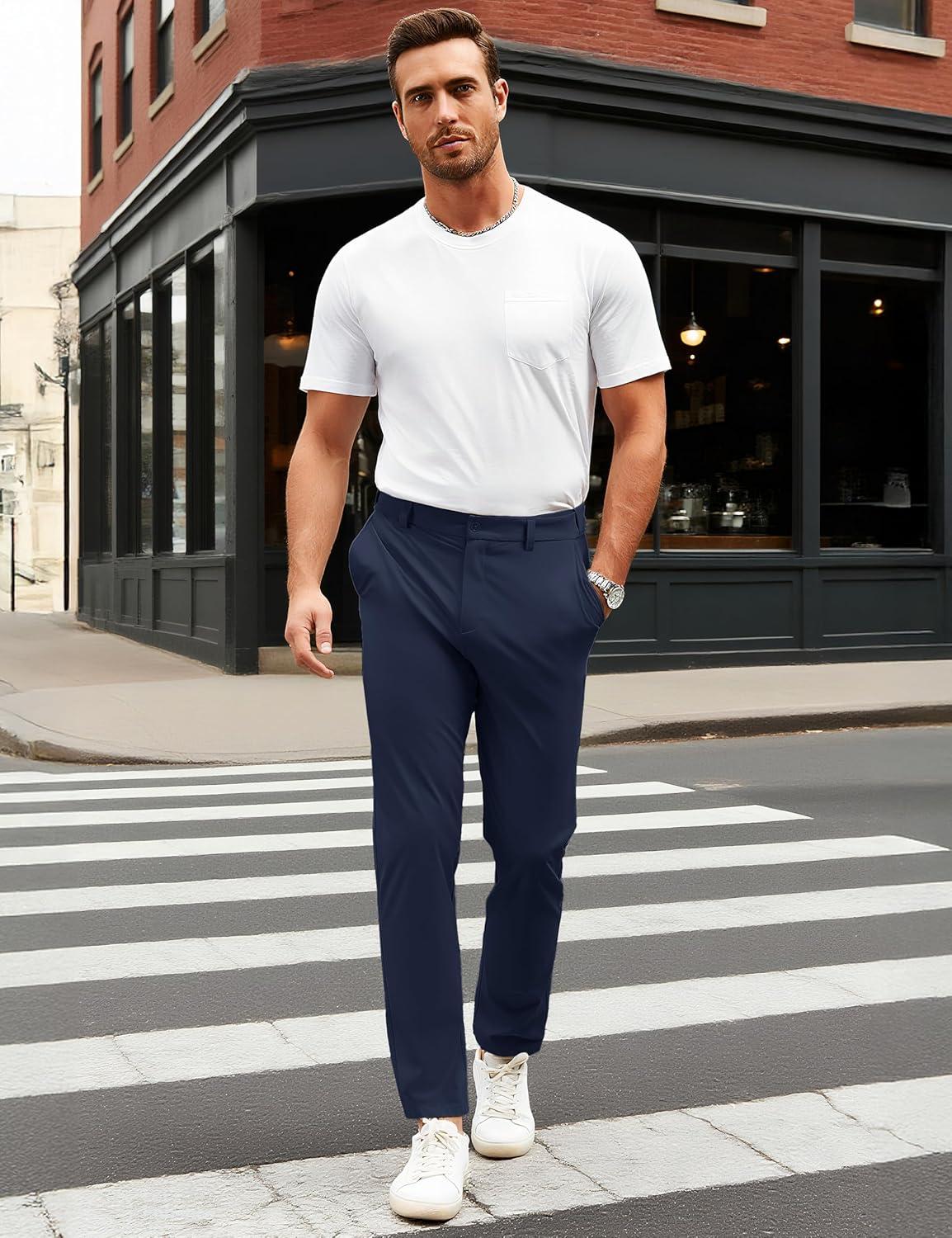 imageMAGCOMSEN Mens Casual Pants Straight Legs Flat Front Pants Waterproof Stretch Waist Trousers for GolfNavy