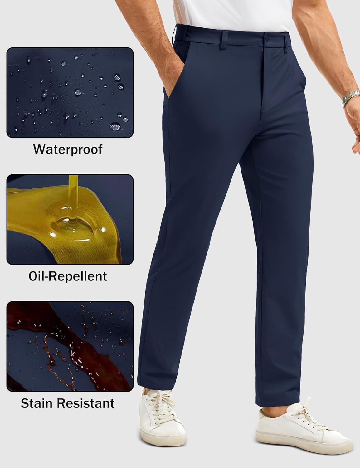 imageMAGCOMSEN Mens Casual Pants Straight Legs Flat Front Pants Waterproof Stretch Waist Trousers for GolfNavy
