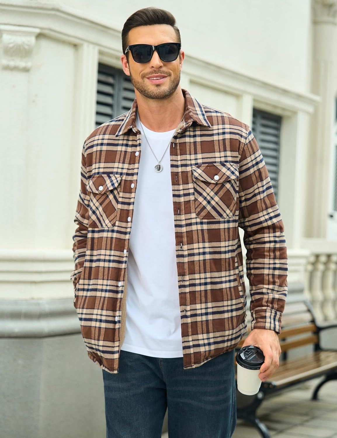 imageMAGCOMSEN Mens Flannel Shirt Fleece Lined Heavyweight Flannel Jacket Cotton Button Up Plaid Shirt Warm Winter CoatBrown
