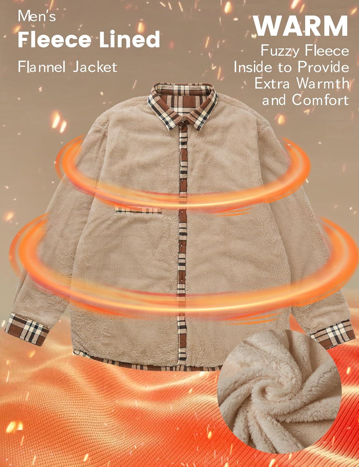 imageMAGCOMSEN Mens Flannel Shirt Fleece Lined Heavyweight Flannel Jacket Cotton Button Up Plaid Shirt Warm Winter CoatBrown