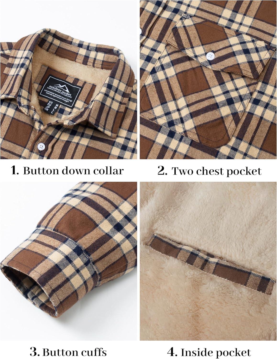 imageMAGCOMSEN Mens Flannel Shirt Fleece Lined Heavyweight Flannel Jacket Cotton Button Up Plaid Shirt Warm Winter CoatBrown