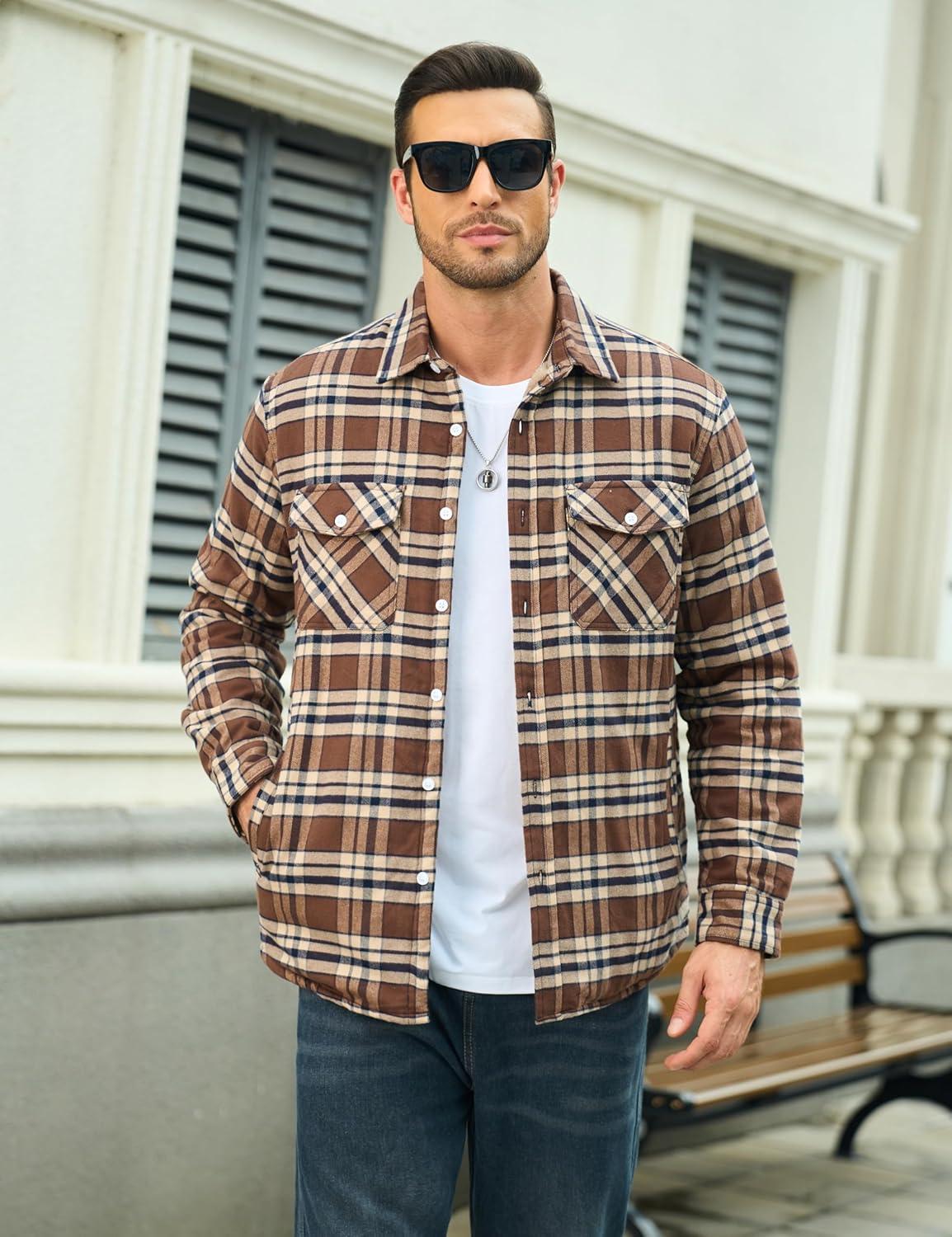 imageMAGCOMSEN Mens Flannel Shirt Fleece Lined Heavyweight Flannel Jacket Cotton Button Up Plaid Shirt Warm Winter CoatBrown