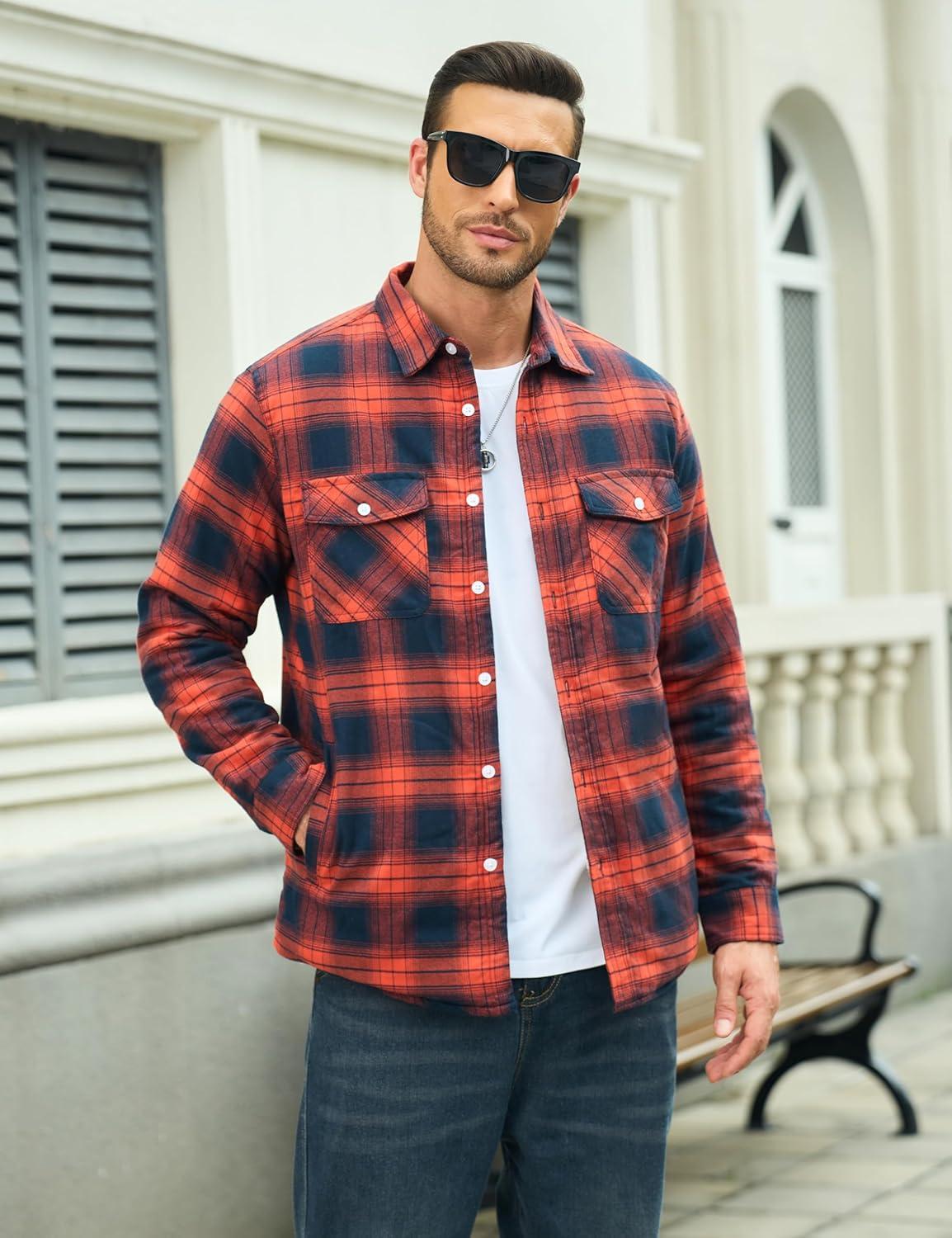 imageMAGCOMSEN Mens Flannel Shirt Fleece Lined Heavyweight Flannel Jacket Cotton Button Up Plaid Shirt Warm Winter CoatOrange