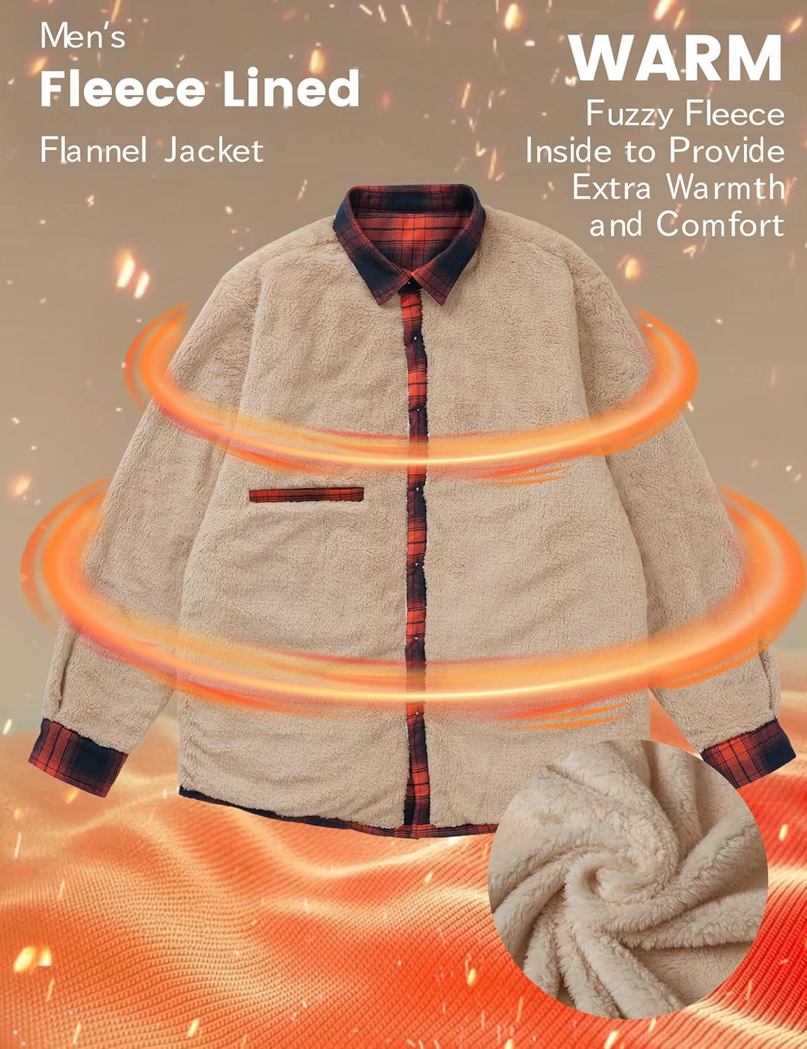 imageMAGCOMSEN Mens Flannel Shirt Fleece Lined Heavyweight Flannel Jacket Cotton Button Up Plaid Shirt Warm Winter CoatOrange