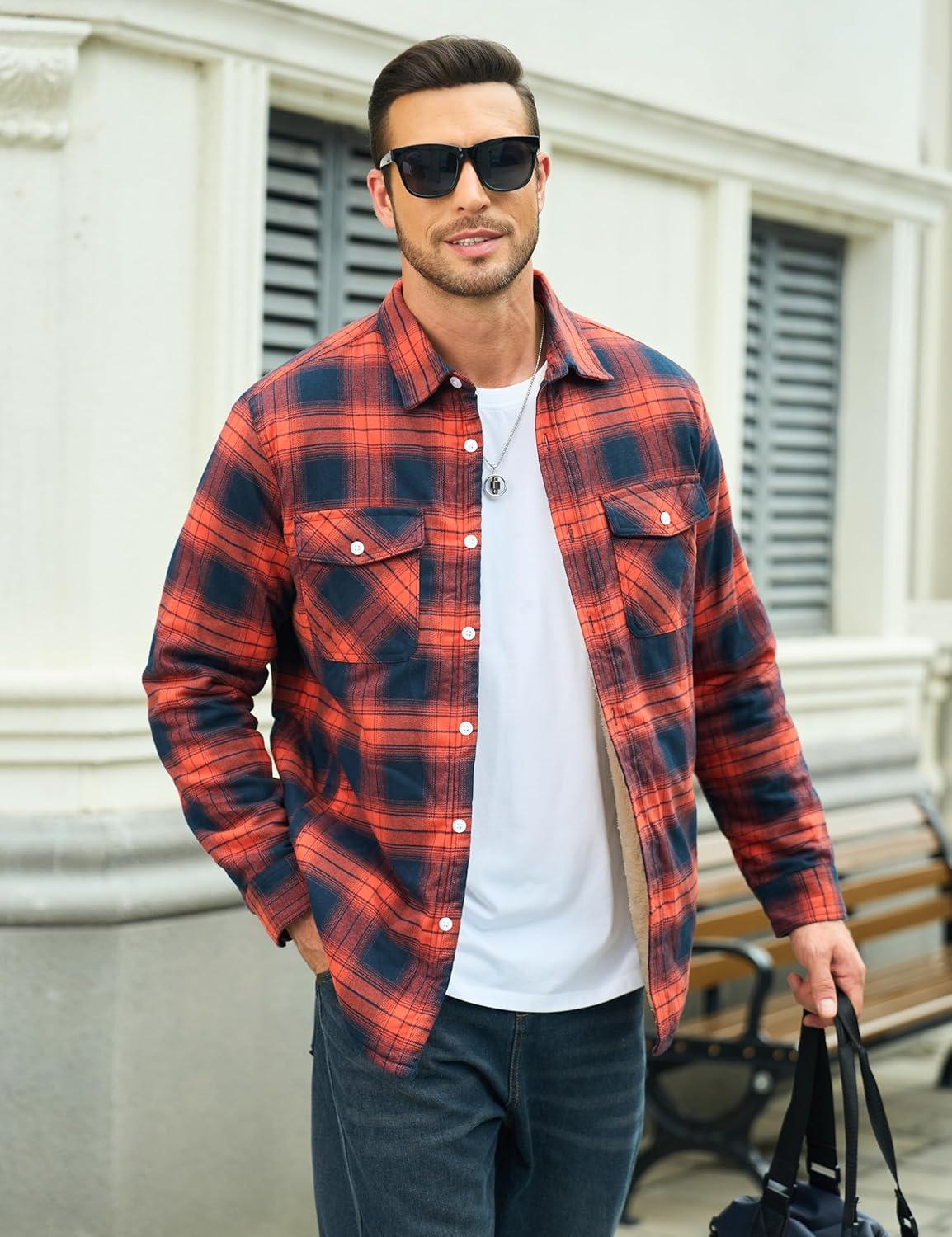 imageMAGCOMSEN Mens Flannel Shirt Fleece Lined Heavyweight Flannel Jacket Cotton Button Up Plaid Shirt Warm Winter CoatOrange