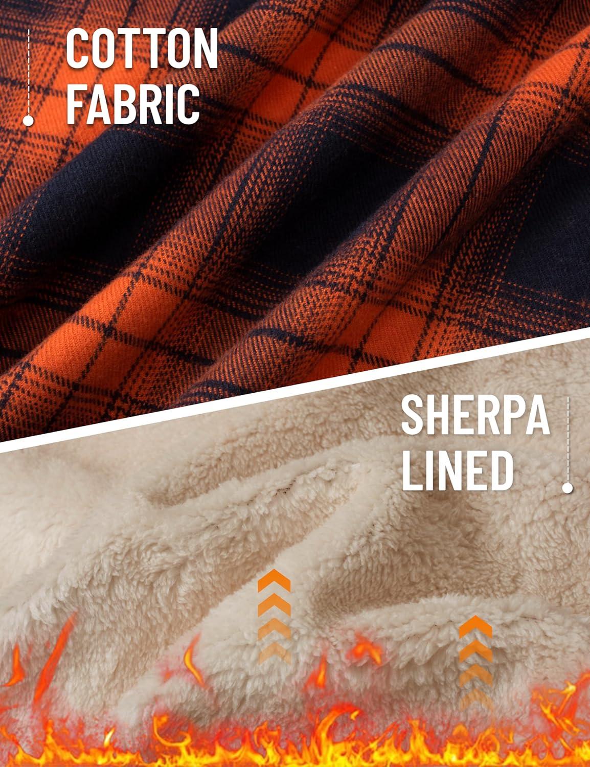 imageMAGCOMSEN Mens Flannel Shirt Fleece Lined Heavyweight Flannel Jacket Cotton Button Up Plaid Shirt Warm Winter CoatOrange